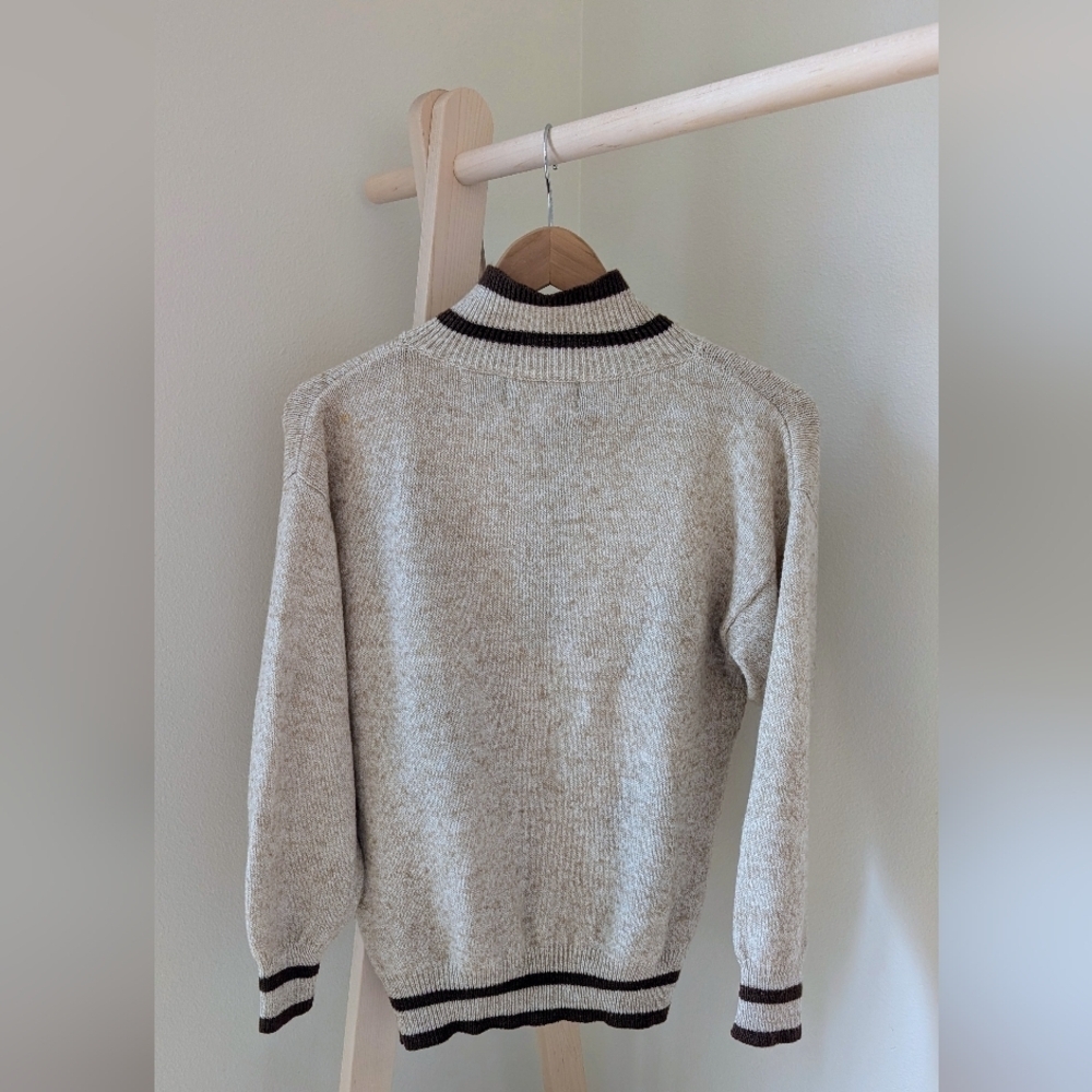 Vintage Geometric Argyle Patterned 1/4 Button Up Collared Sweater In Ivory/Brown - Picture 7 of 8
